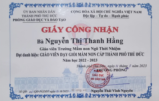 Cô Nguyễn Thị Thanh Hằng đạt danh hiệu giáo viên dạy giỏi cấp thành phố Thủ Đức năm học 2022 - 2023