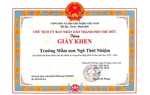 Giấy khen đạt thành tích hoàn thành xuất sắc nhiệm vụ trong hoạt động Khối thi đua năm học 2023 - 2024